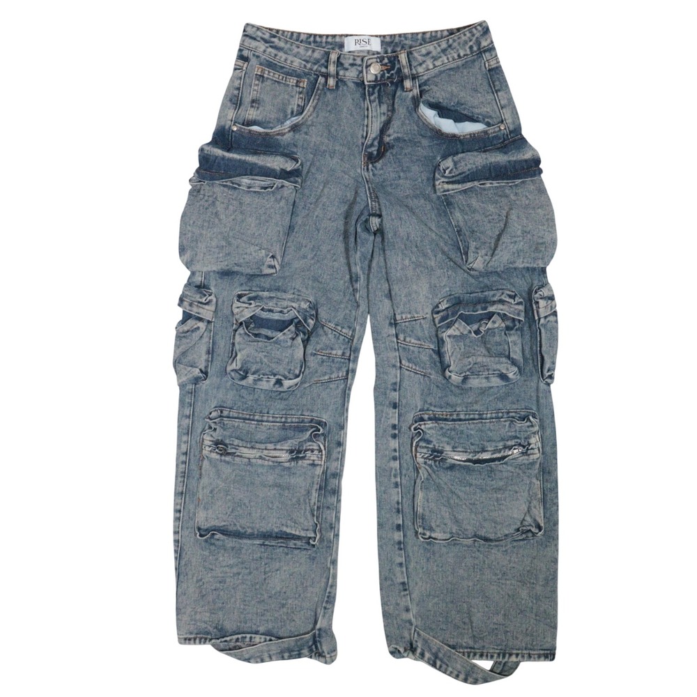 Rise Supply Co Cargo Jeans Acid Wash Utility Multi Pocket Blue Cotton Women 9